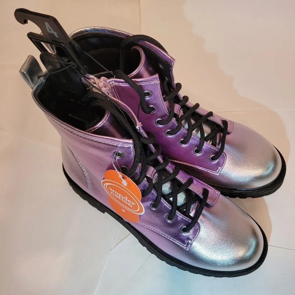 Wonder Nation Girls' Metallic Ombre Combat Boots Lace-Up‎ Purple Silver Size 4